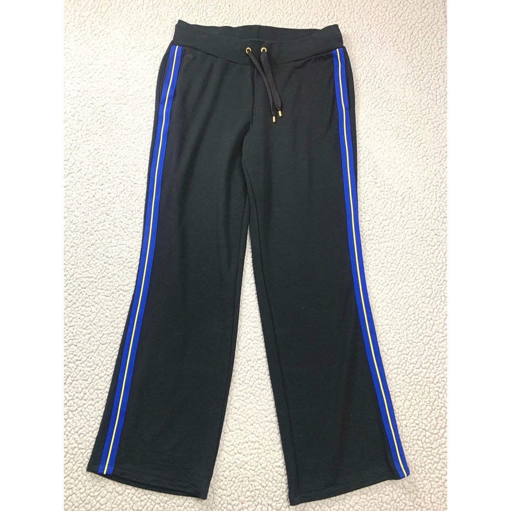 Lauren Ralph Lauren Sweatpants Womens‎ L Black Wide Leg Blue Yellow Side Stripe